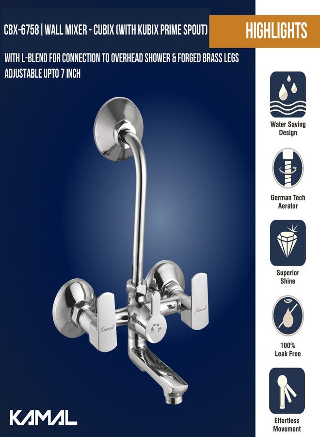 Kamal Wall Mixer - Full Brass Cubix Kubix Prime Spout | A++ Quality Hot & Cold Water Shower Mixture Provision for Overhead Shower & 165mm Long Bend Pipe Easy to Use with Wall Flange and Legs - Image 2